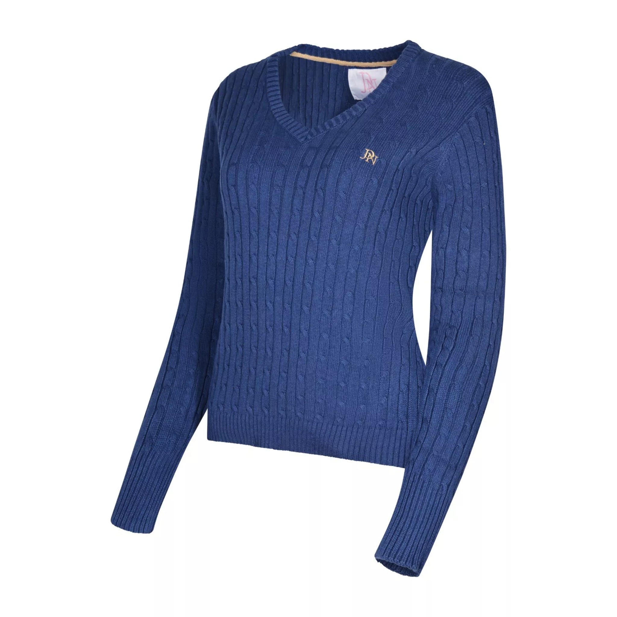Ladies JDN mid blue V-neck cable knit jumper with long sleeves and embroidered chest logo